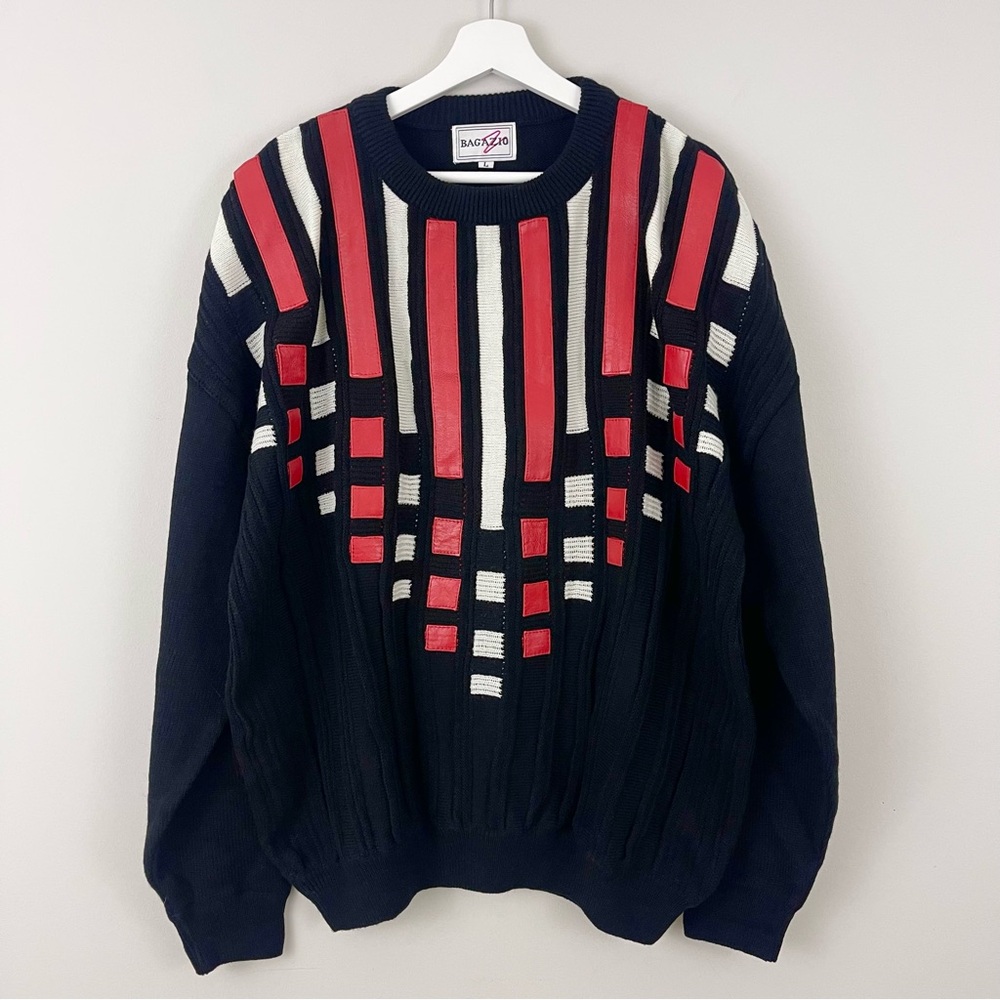 Vintage Bagazio Leather Wool Blend Stripe Check Pattern Crewneck Sweater